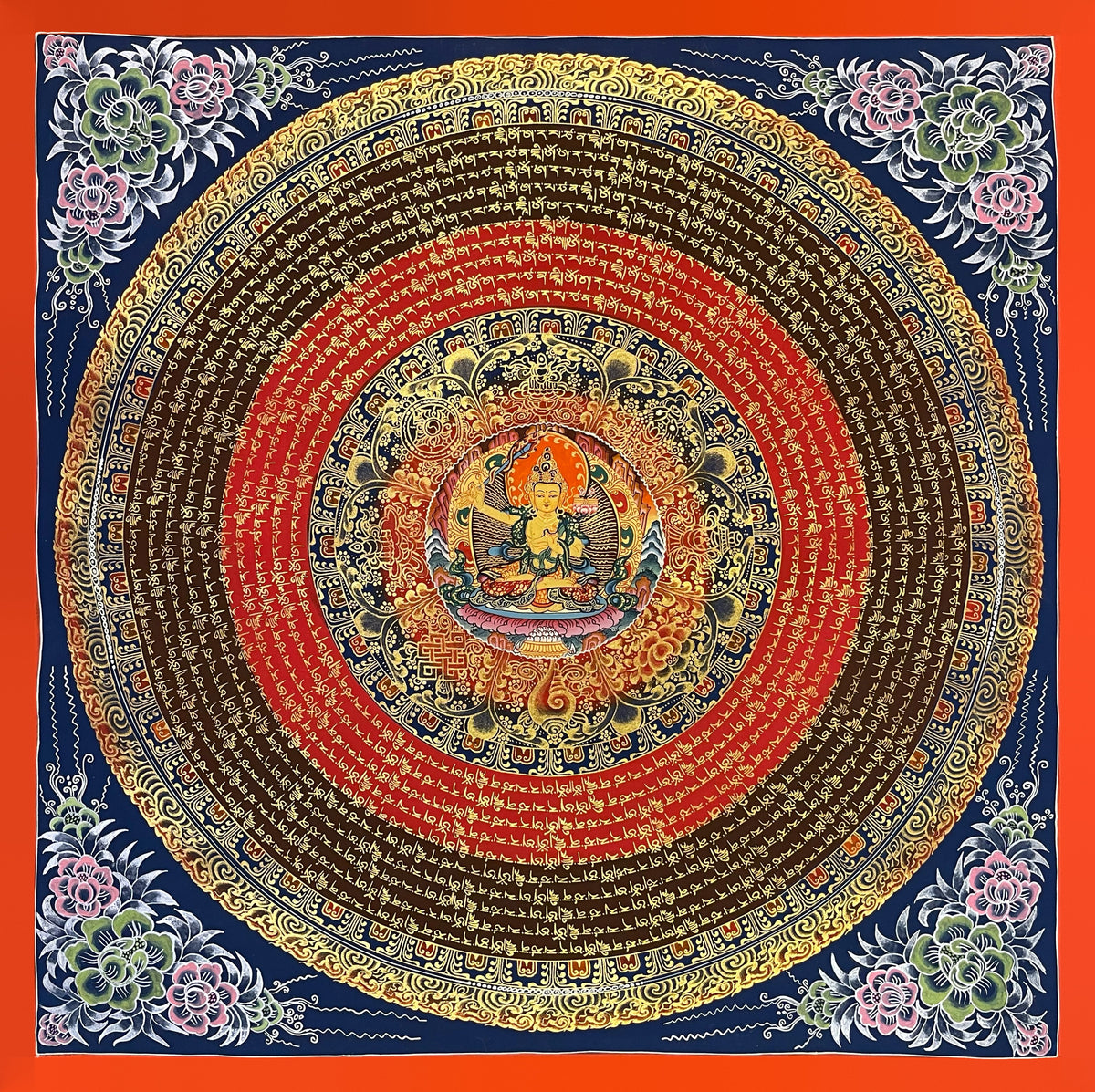 Manjushri Mantra Mandala thangka, 56×56 cm: Manjushri with a flaming sword at the centre of rings of gold-coloured mantra script