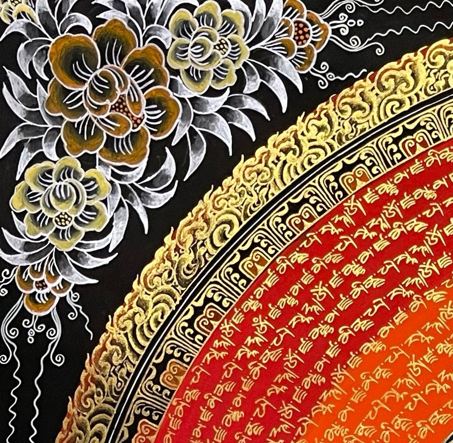 Jambhala Mantra Mandala thangka, detail: top-left corner