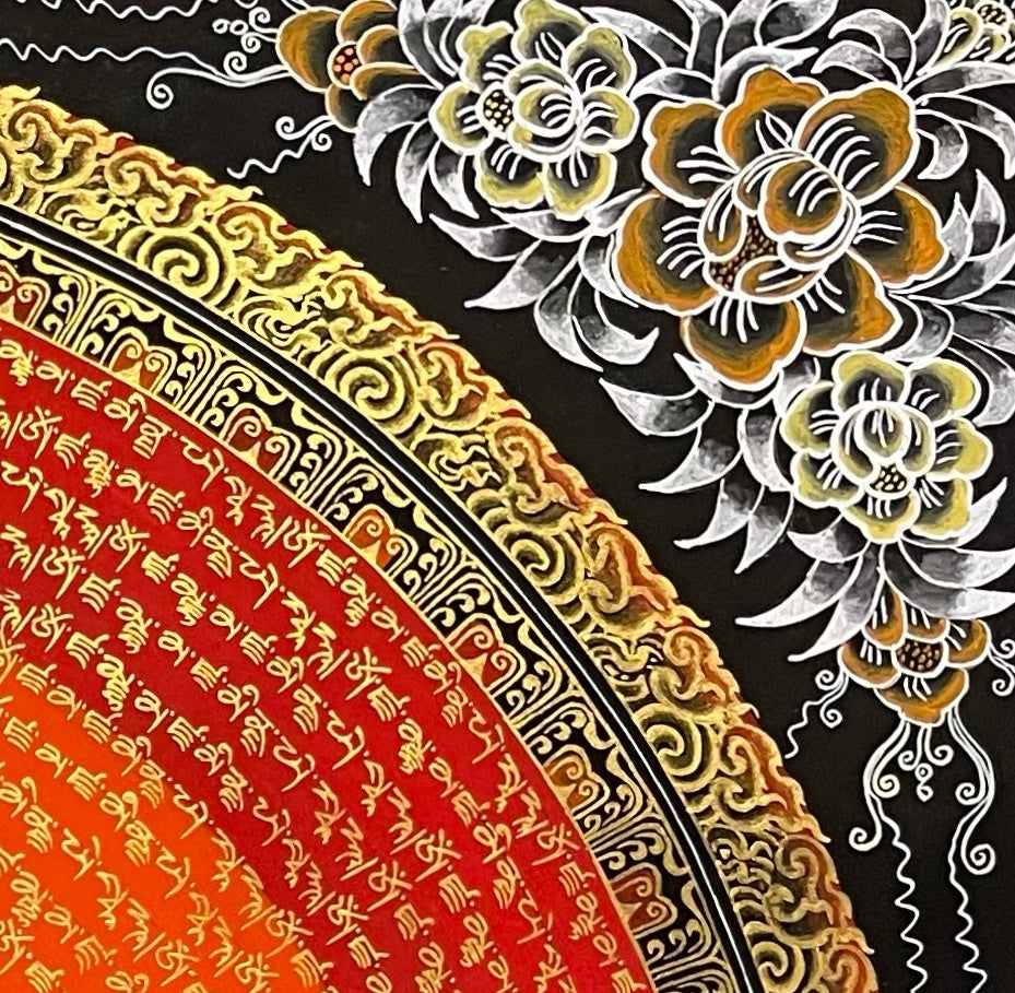 Jambhala Mantra Mandala thangka, detail: top-right corner