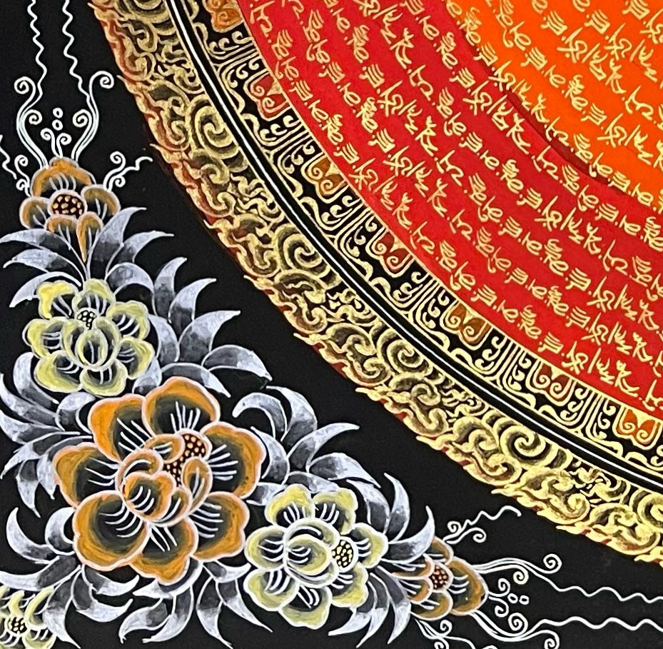 Jambhala Mantra Mandala thangka, detail: bottom-left corner