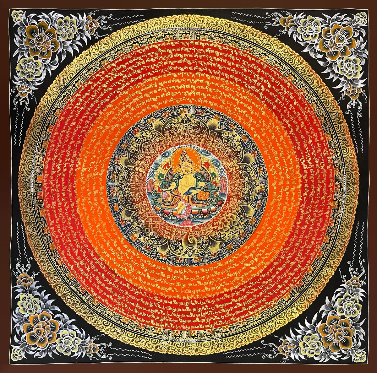 Jambhala Mantra Mandala thangka, 56×56 cm: Yellow Jambhala at the centre of rings of gold-coloured mantra script on orange and red