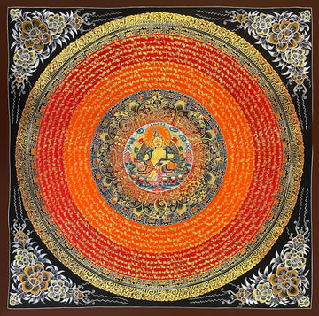 Jambhala Mantra Mandala thangka, 56×56 cm: Yellow Jambhala at the centre of rings of gold-coloured mantra script on orange and red