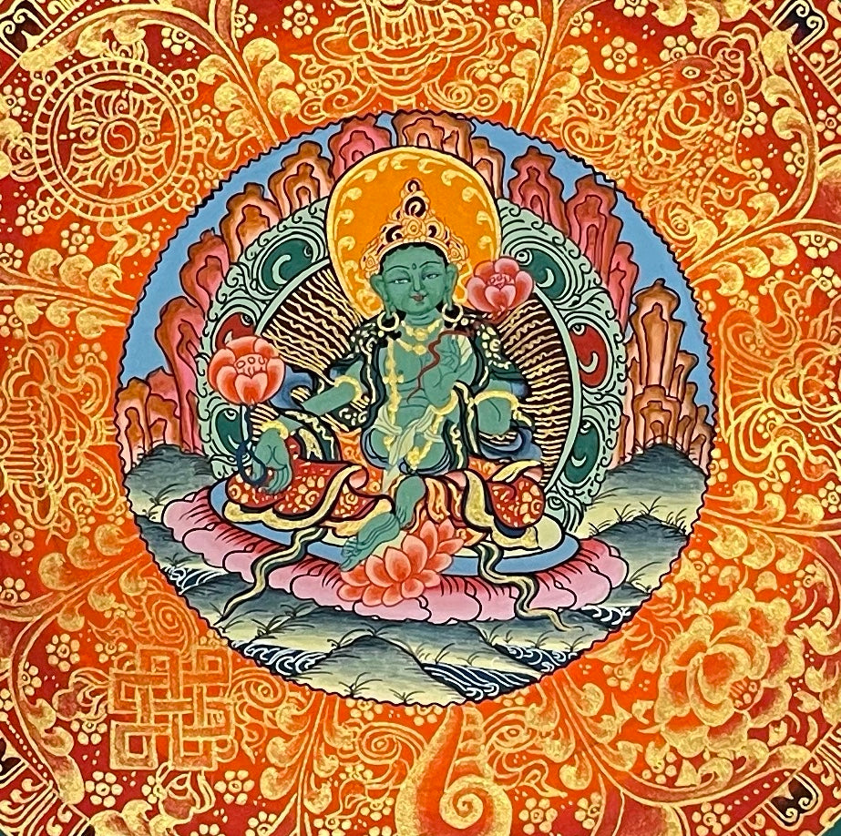 Green Tara Mantra Mandala thangka, detail: centre