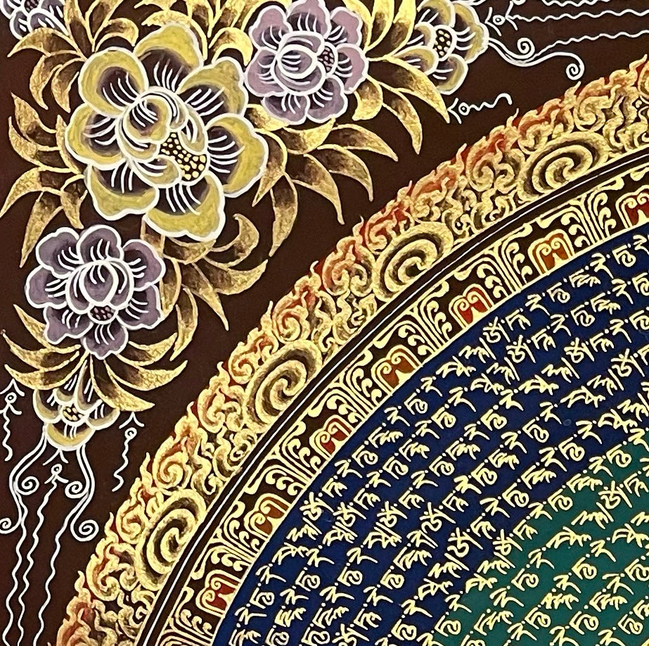 Green Tara Mantra Mandala thangka, detail: top-left corner