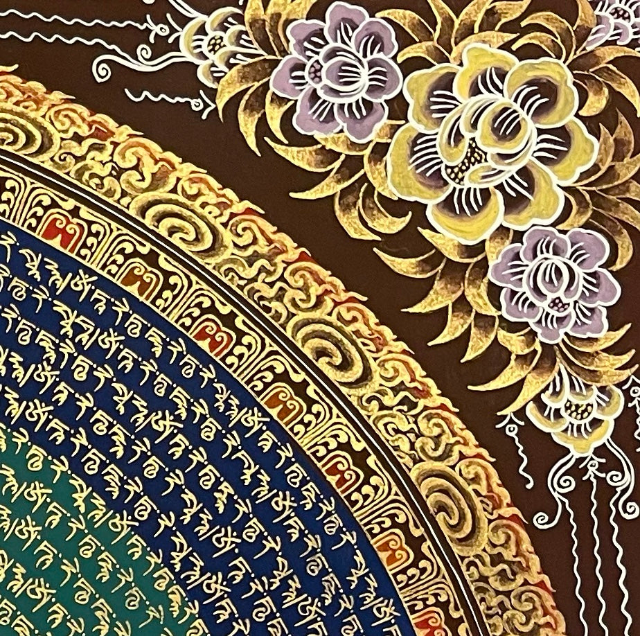 Green Tara Mantra Mandala thangka, detail: top-right corner
