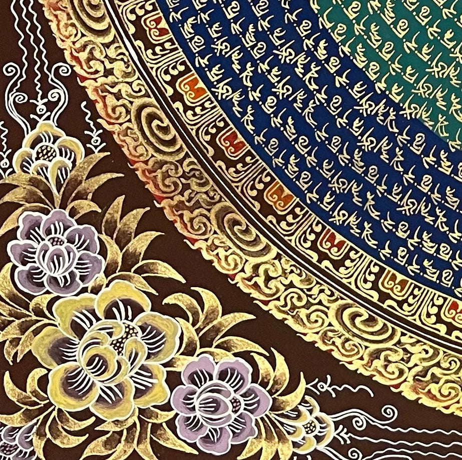 Green Tara Mantra Mandala thangka, detail: bottom-left corner