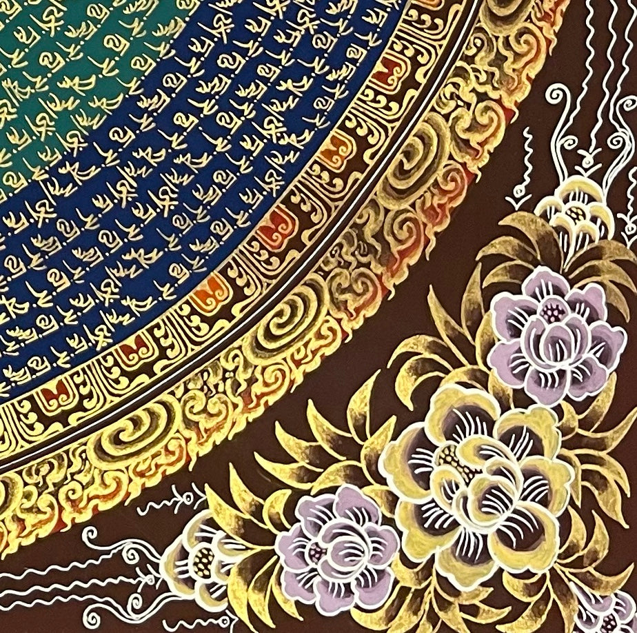Green Tara Mantra Mandala thangka, detail: bottom-right corner