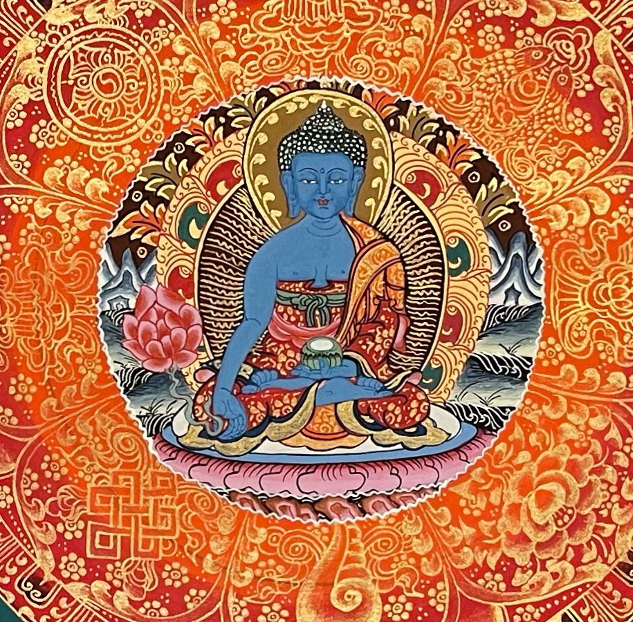 Medicine Buddha Mantra Mandala thangka, detail: centre