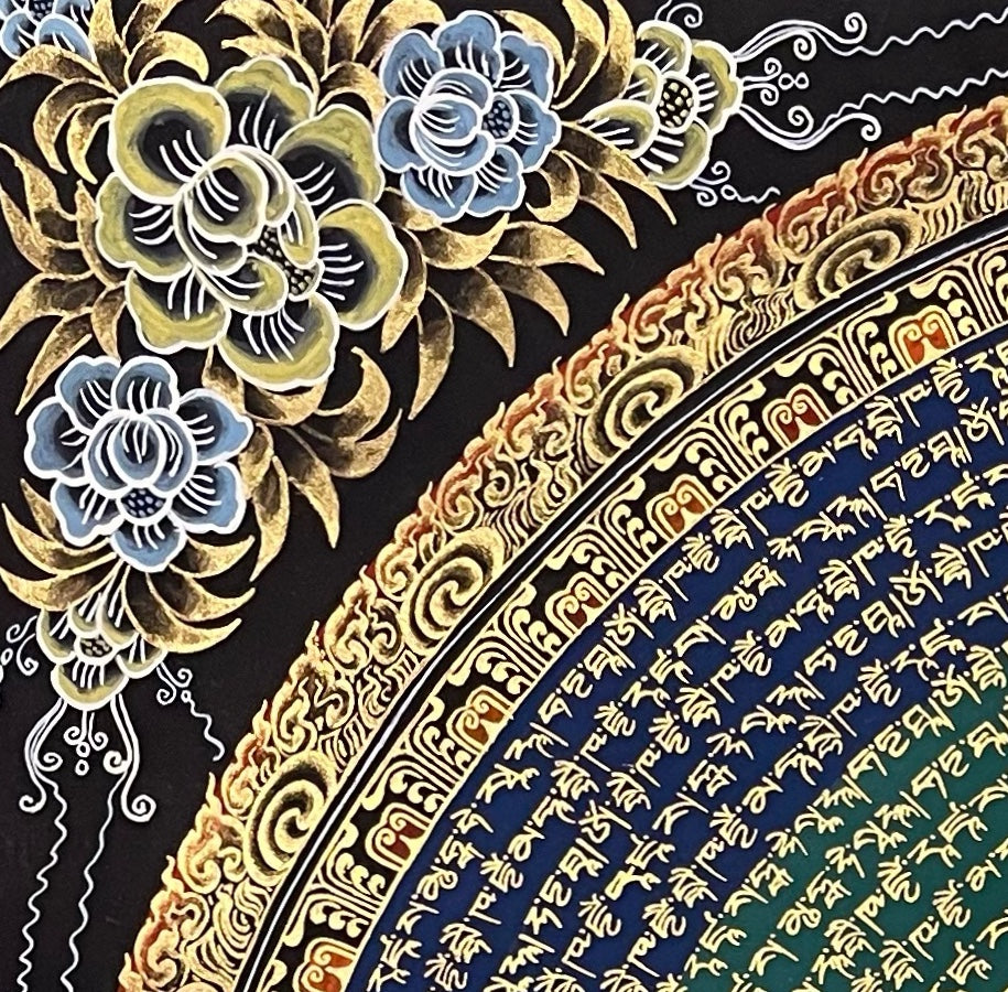 Medicine Buddha Mantra Mandala thangka, detail: top-left corner