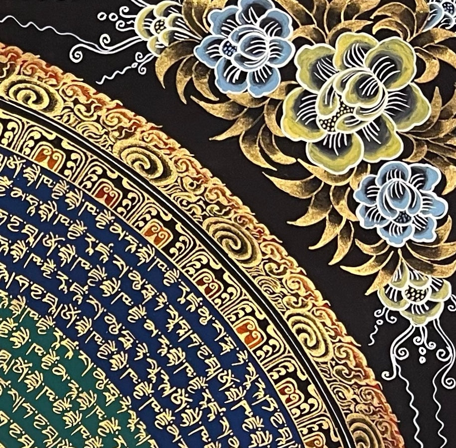 Medicine Buddha Mantra Mandala thangka, detail: top-right corner