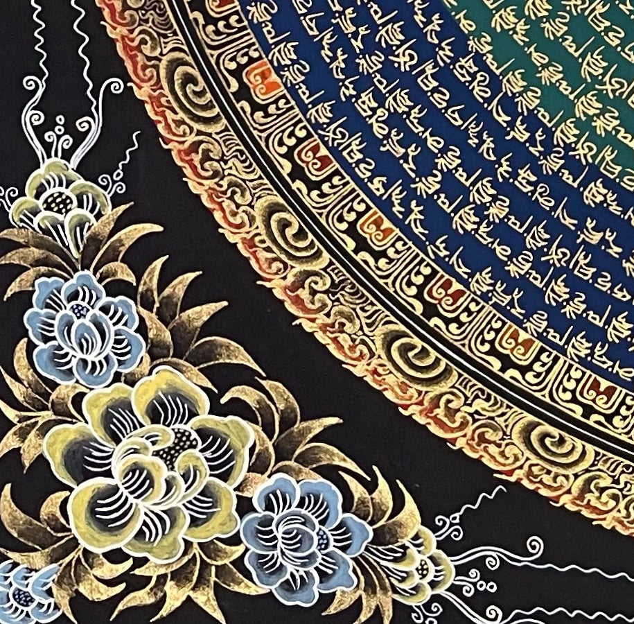 Medicine Buddha Mantra Mandala thangka, detail: bottom-left corner