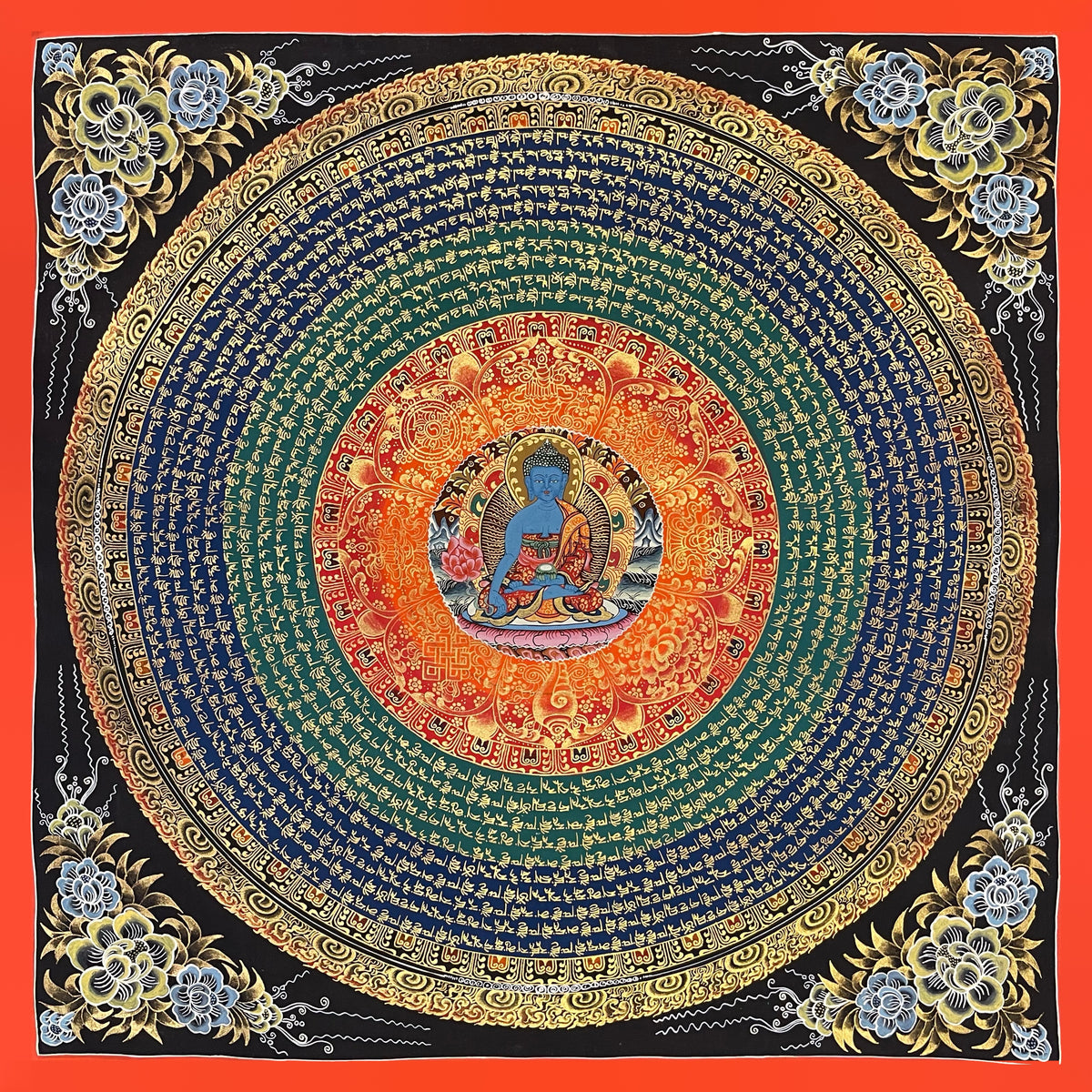 Medicine Buddha Mantra Mandala thangka, 56×56 cm: the blue Medicine Buddha at the centre of rings of gold-coloured mantra script on green and deep blue