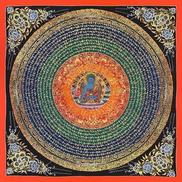 Medicine Buddha Mantra Mandala thangka, 56×56 cm: the blue Medicine Buddha at the centre of rings of gold-coloured mantra script on green and deep blue