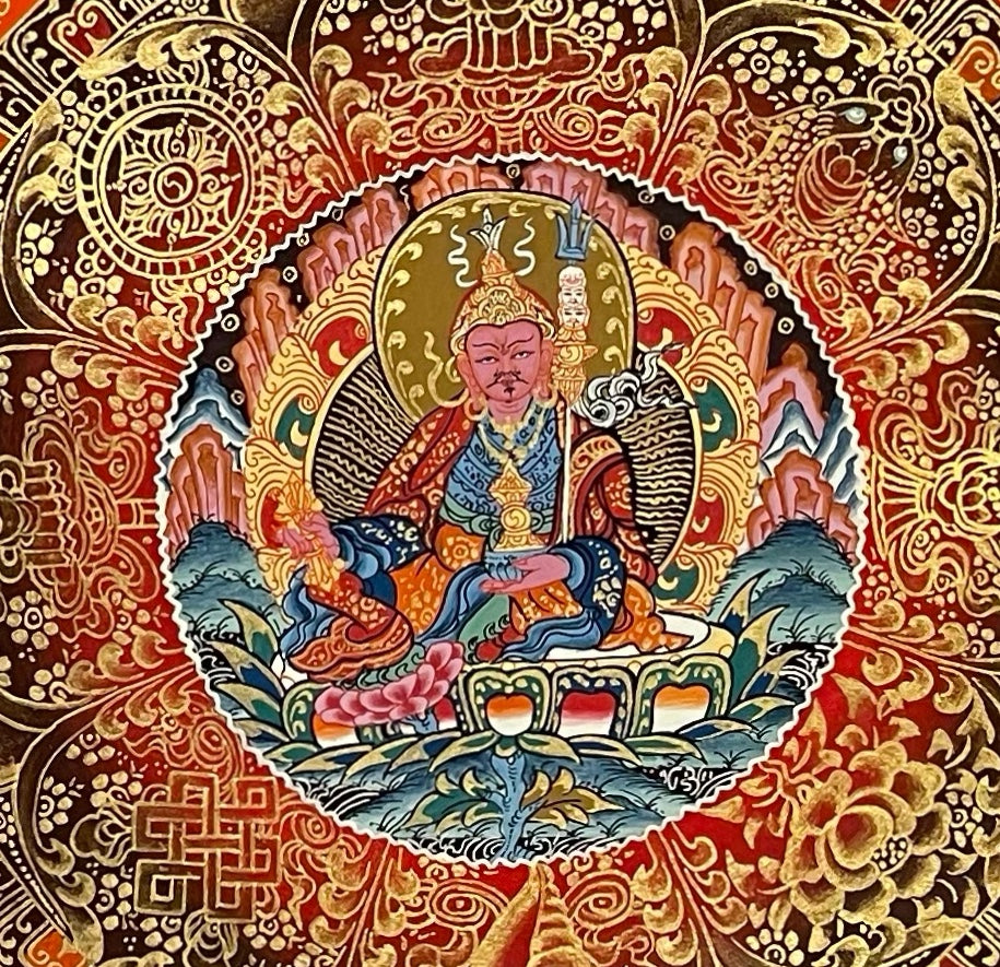 Padmasambhava Mantra Mandala thangka, 56×56 cm: Padmasambhava at the centre of rings of gold-coloured mantra script on orange and red