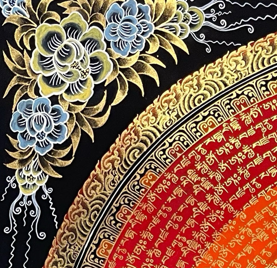 Padmasambhava Mantra Mandala thangka, detail: top-left corner
