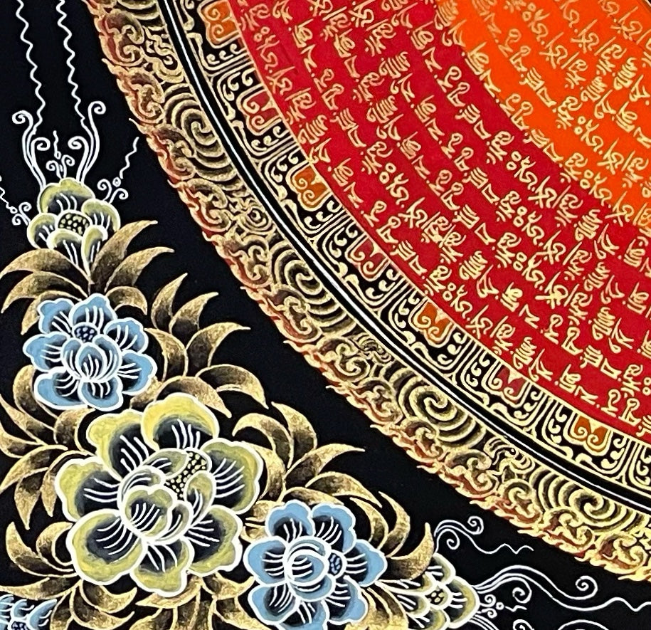 Padmasambhava Mantra Mandala thangka, detail: bottom-left corner