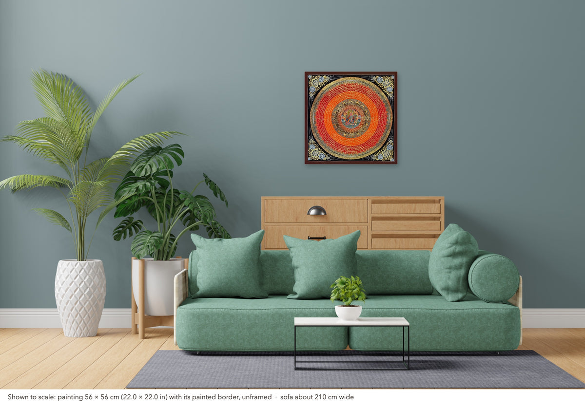 Padmasambhava Mantra Mandala thangka shown to scale in a living room, unframed, above a sofa about 210 cm wide (56×56 cm)