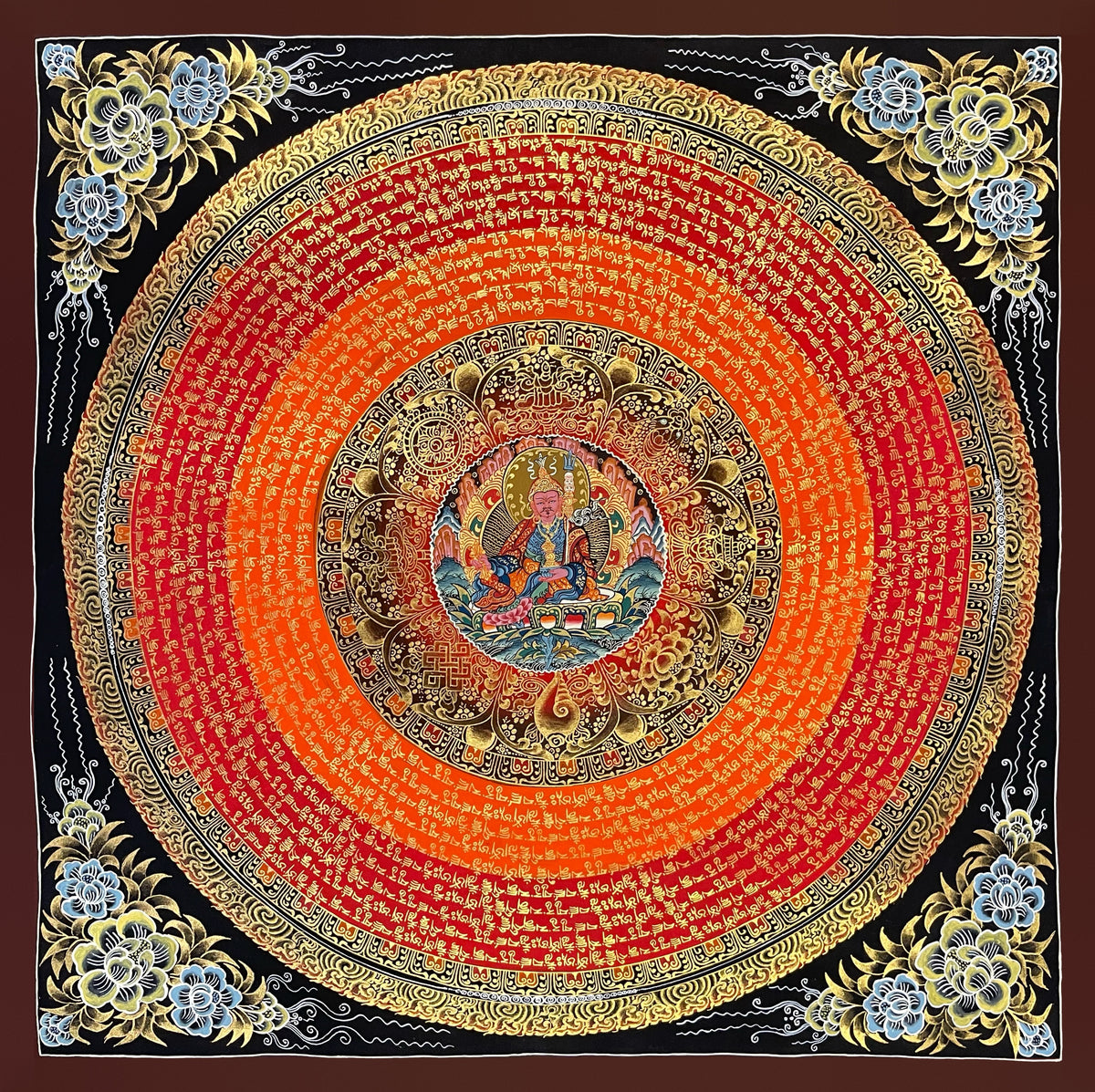 Padmasambhava Mantra Mandala thangka, 56×56 cm: Padmasambhava at the centre of rings of gold-coloured mantra script on orange and red