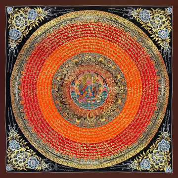 Padmasambhava Mantra Mandala thangka, 56×56 cm: Padmasambhava at the centre of rings of gold-coloured mantra script on orange and red