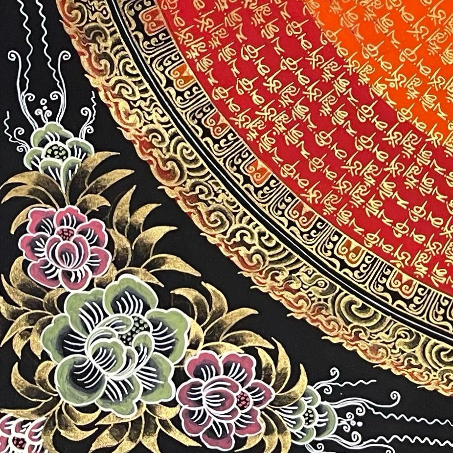 Lokeshwor Mantra Mandala thangka, detail: bottom-left corner