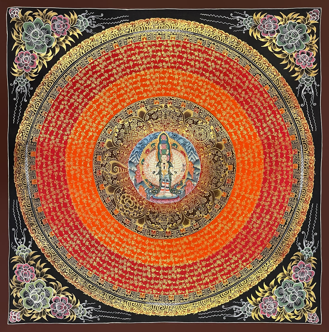 Lokeshwor Mantra Mandala thangka, 56×56 cm: thousand-armed Lokeshwor at the centre of rings of gold-coloured mantra script on bands of orange and red