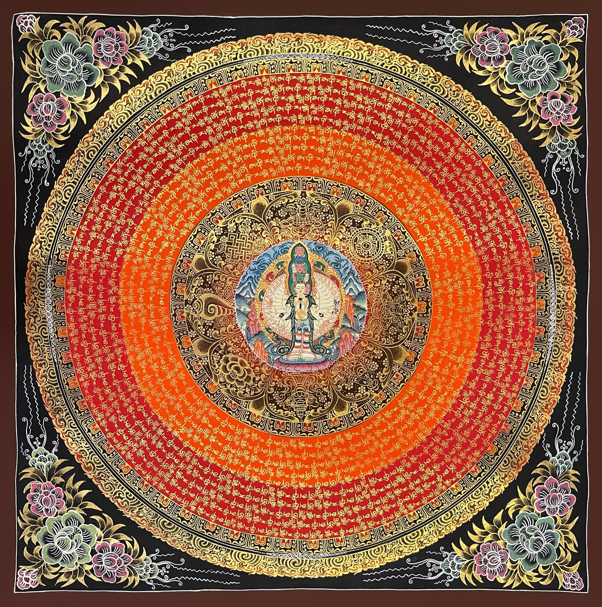 Lokeshwor Mantra Mandala thangka, 56×56 cm: thousand-armed Lokeshwor at the centre of rings of gold-coloured mantra script on bands of orange and red