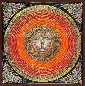 Lokeshwor Mantra Mandala thangka, 56×56 cm: thousand-armed Lokeshwor at the centre of rings of gold-coloured mantra script on bands of orange and red