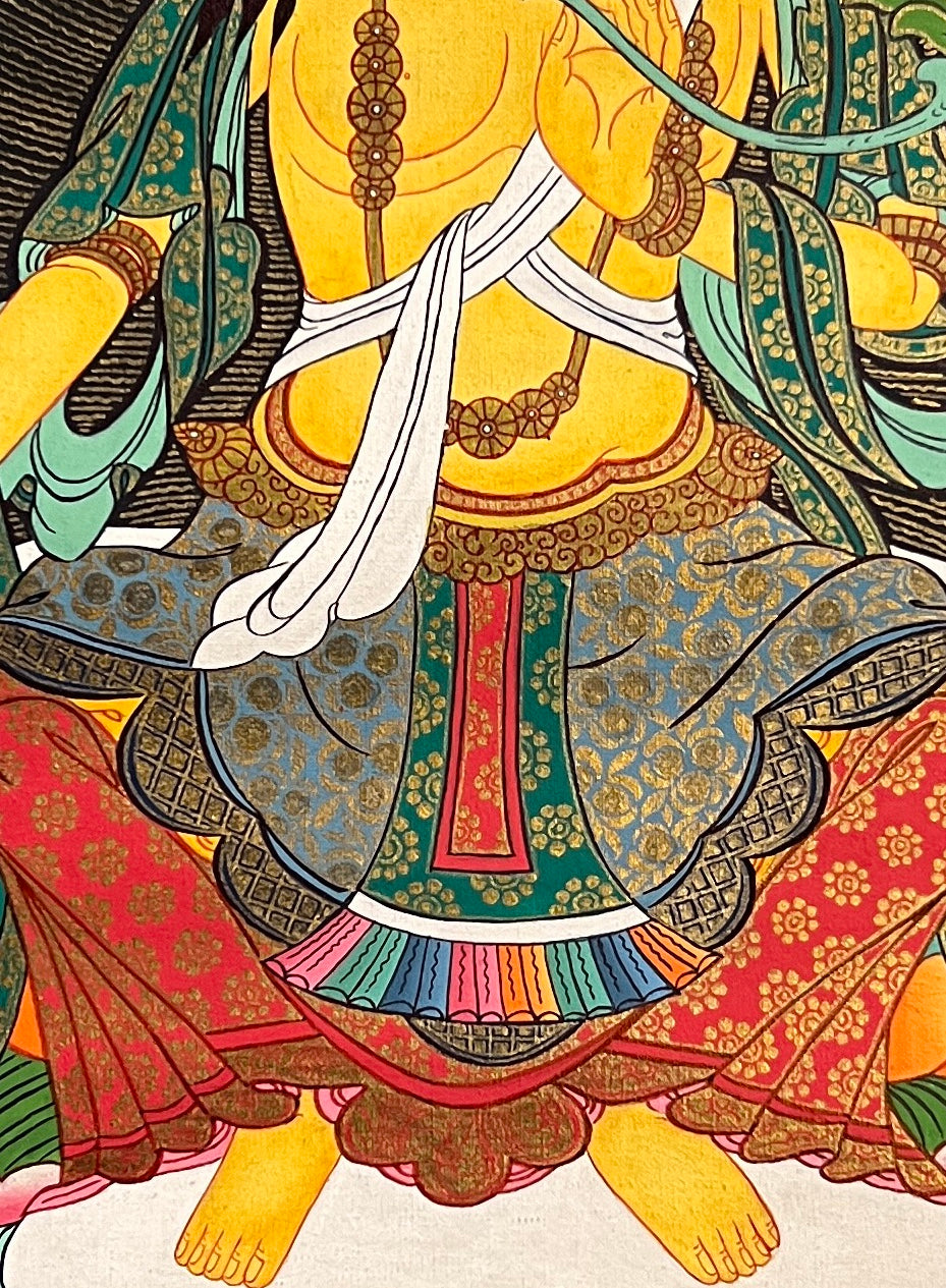 Maitreya Buddha thangka, 43×59 cm: Maitreya seated with both feet on a lotus, with two standing bodhisattvas on deep blue