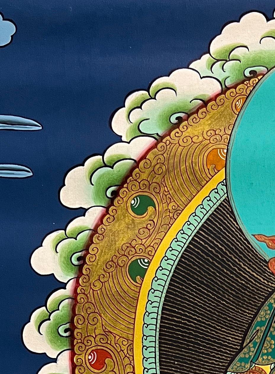 Maitreya Buddha thangka, detail: top-left corner