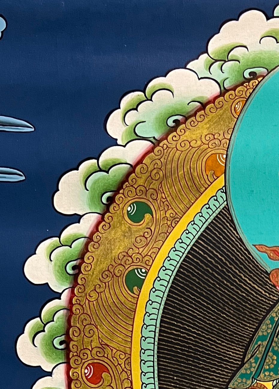 Maitreya Buddha thangka, detail: top-left corner