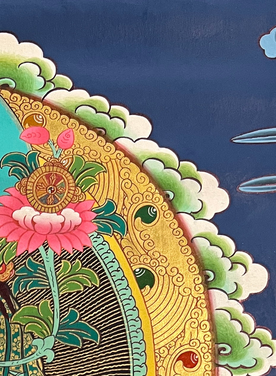 Maitreya Buddha thangka, detail: top-right corner