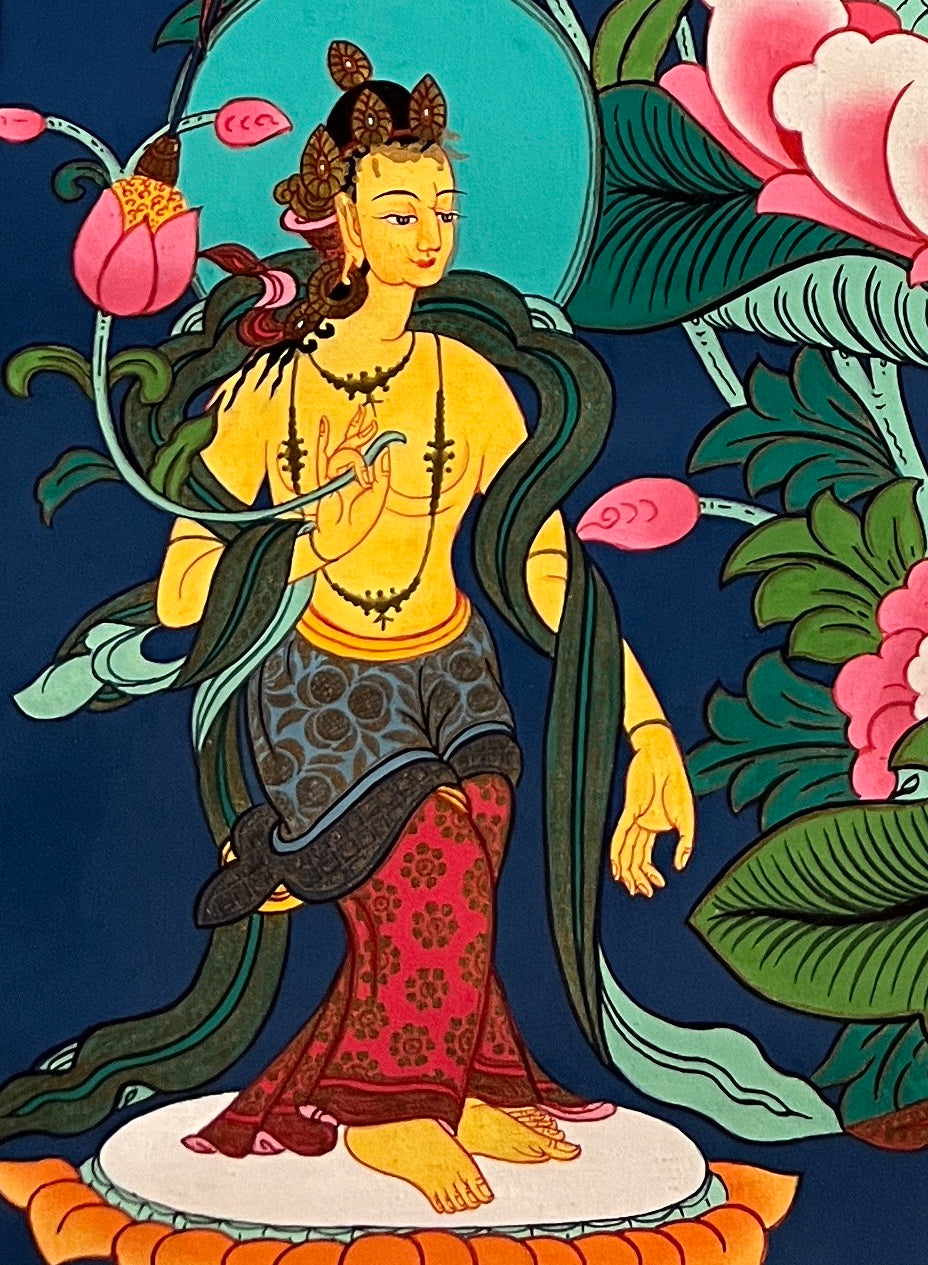 Maitreya Buddha thangka, detail: bottom-left corner