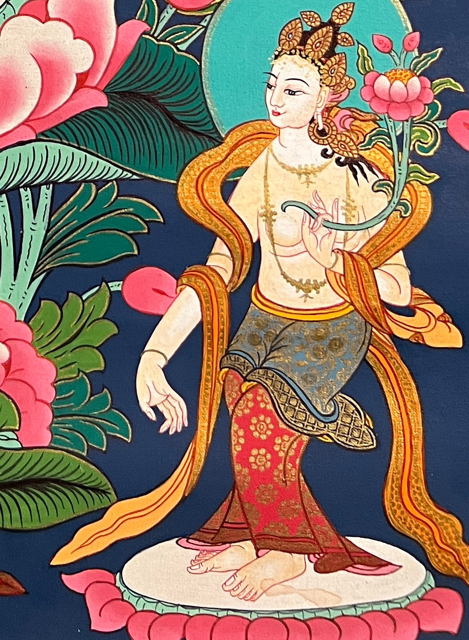 Maitreya Buddha thangka, detail: bottom-right corner
