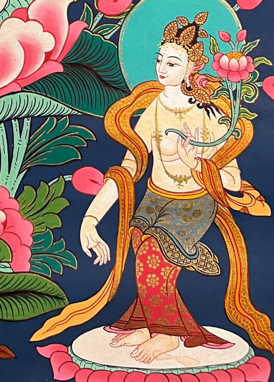 Maitreya Buddha thangka, detail: bottom-right corner