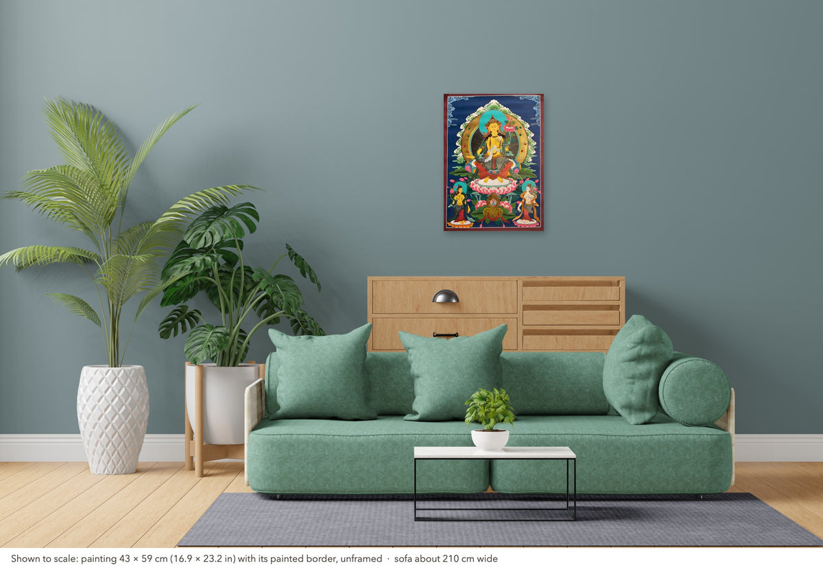 Maitreya Buddha thangka shown to scale in a living room, unframed, above a sofa about 210 cm wide (43×59 cm)