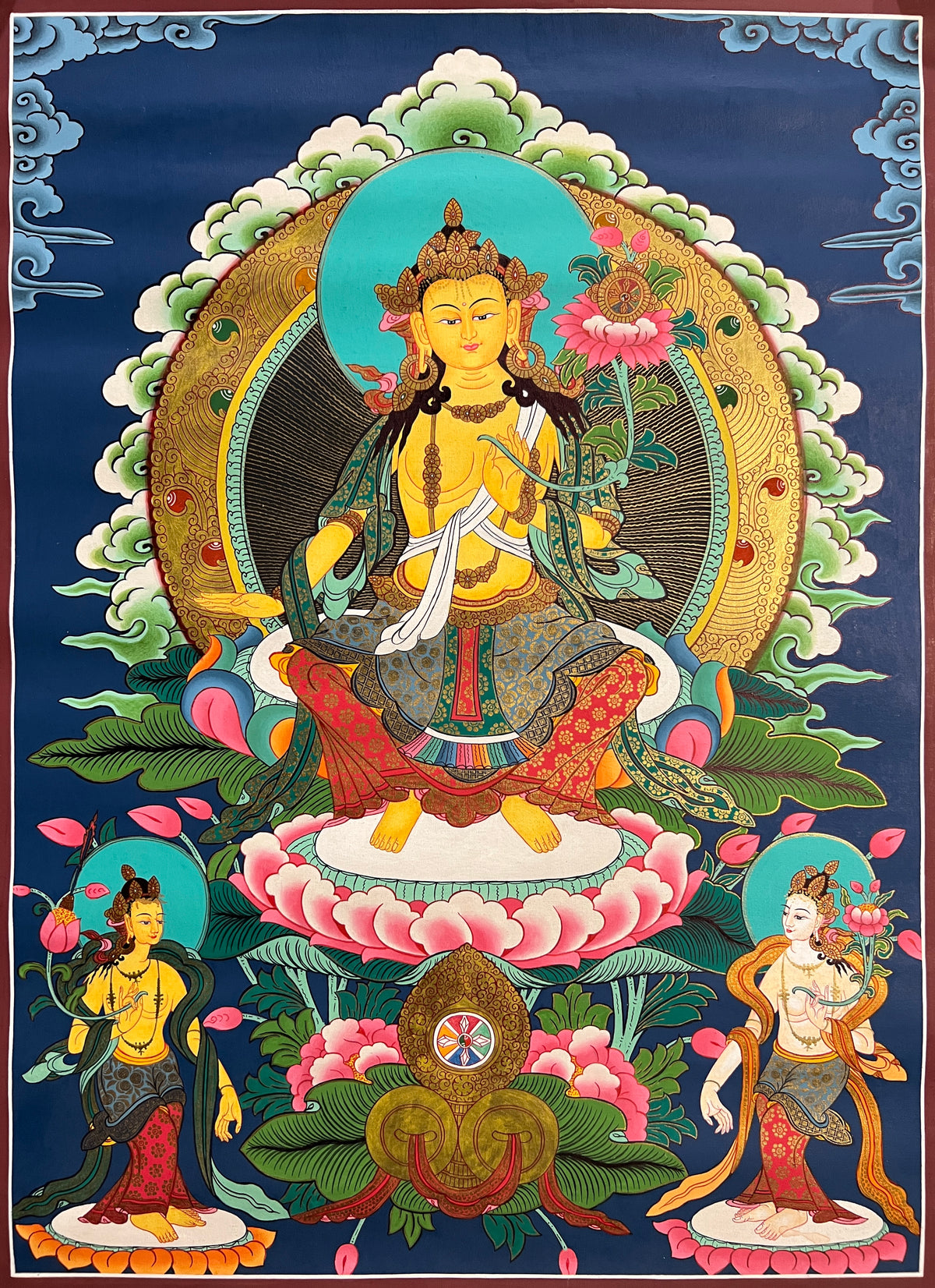 Maitreya Buddha thangka, 43×59 cm: Maitreya seated with both feet on a lotus, with two standing bodhisattvas on deep blue