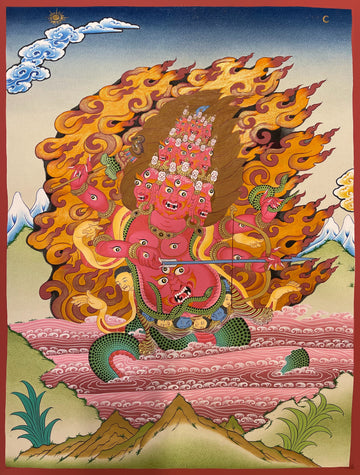 Rahula thangka, 52×68 cm: red Rahula with tiers of heads and a serpent tail, drawing a bow before flames