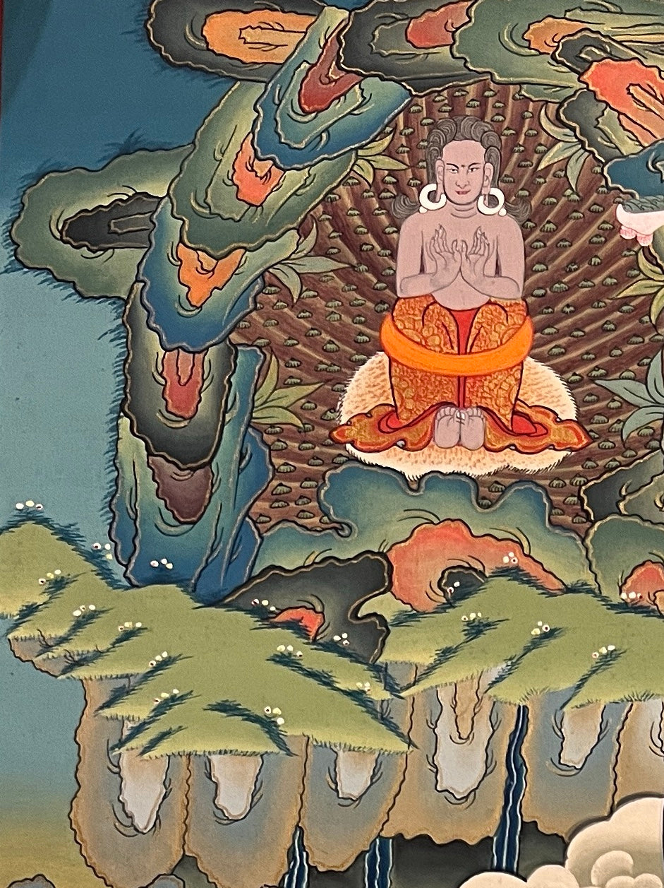 Milarepa thangka, detail: top-left corner