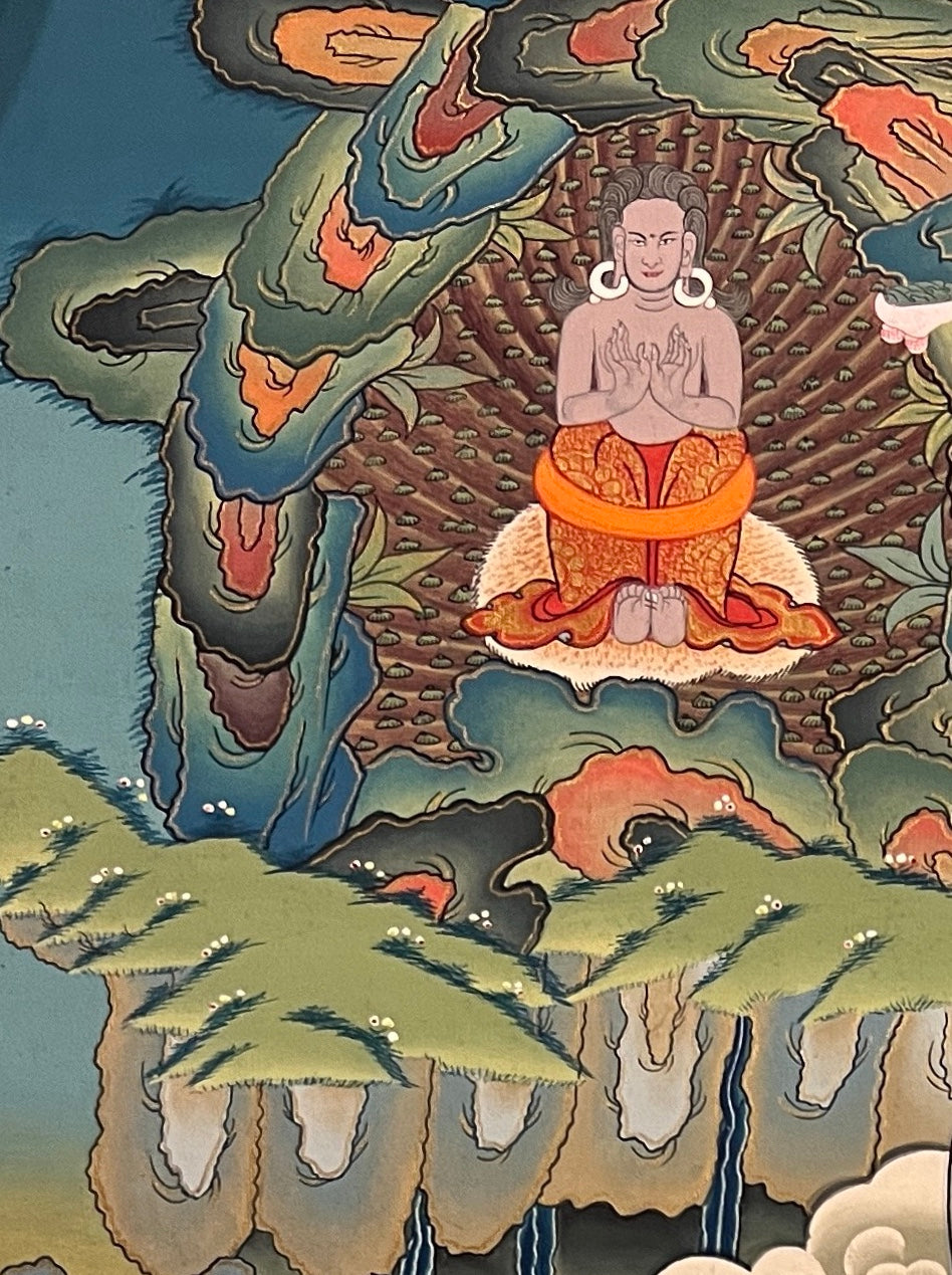 Milarepa thangka, detail: top-left corner