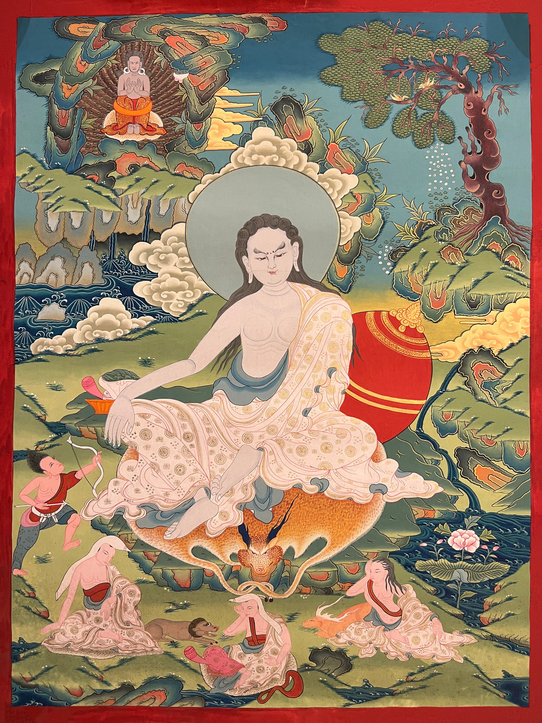 Milarepa thangka, 45×60 cm: Milarepa on an antelope skin with the hunter, his dog and the deer