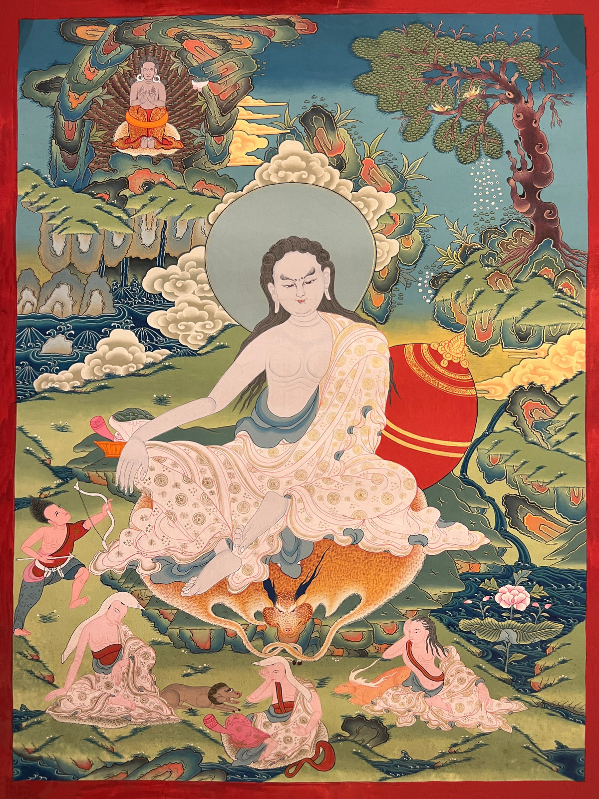 Milarepa thangka, 45×60 cm: Milarepa on an antelope skin with the hunter, his dog and the deer