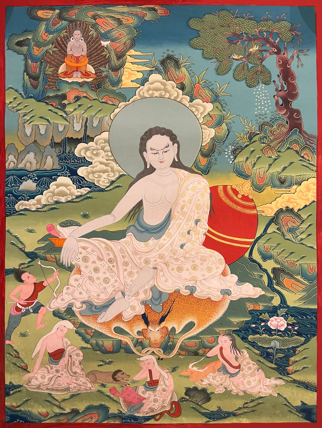 Milarepa thangka, 45×60 cm: Milarepa on an antelope skin with the hunter, his dog and the deer