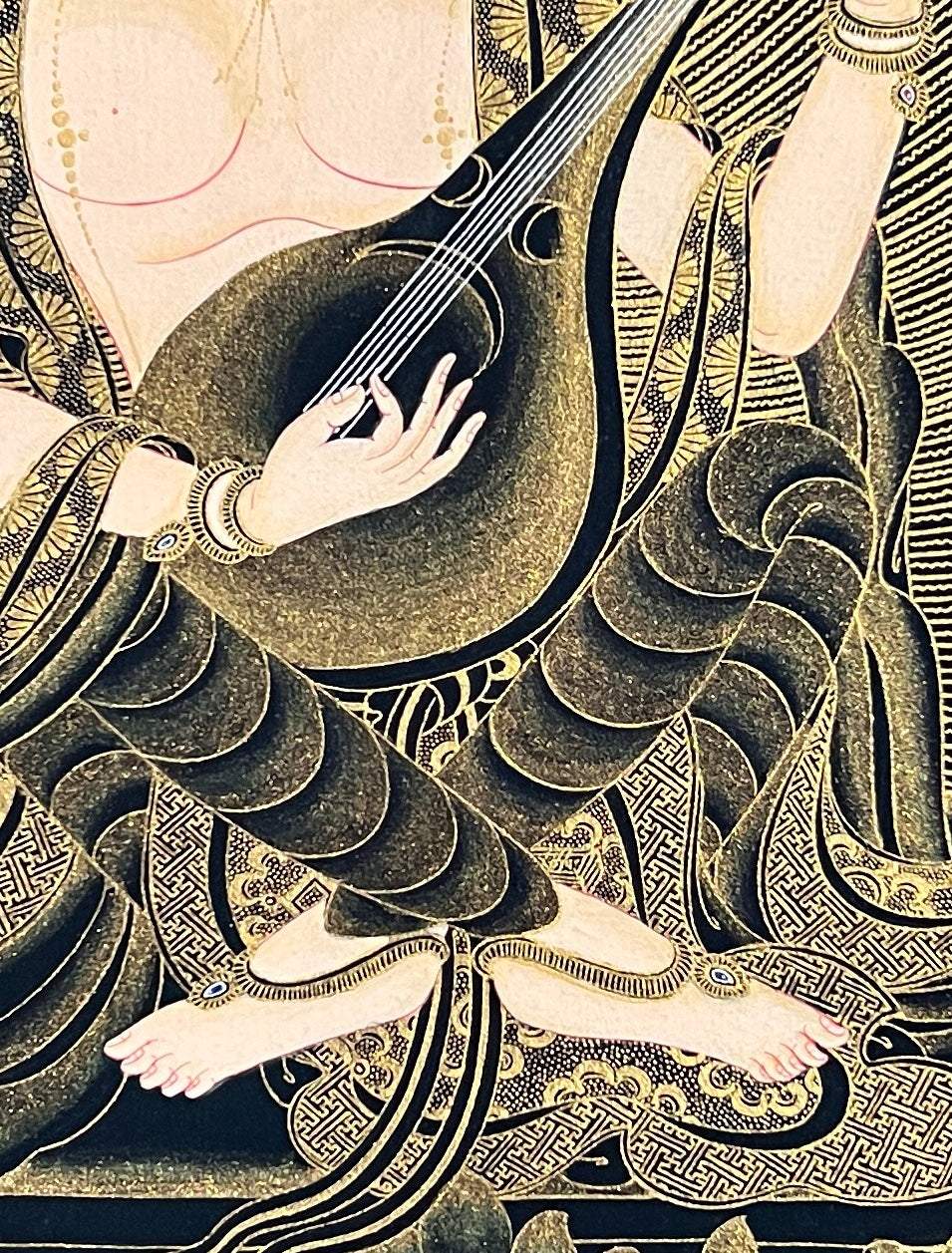 Saraswati thangka, 45×60 cm: Saraswati playing a vina in fine gold-coloured line work on black
