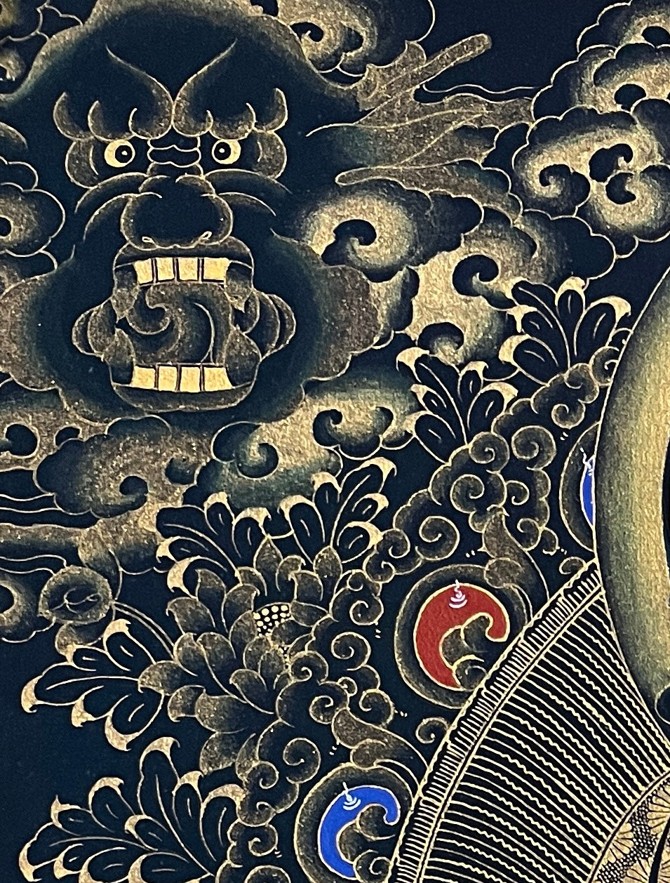 Saraswati thangka, detail: top-left corner