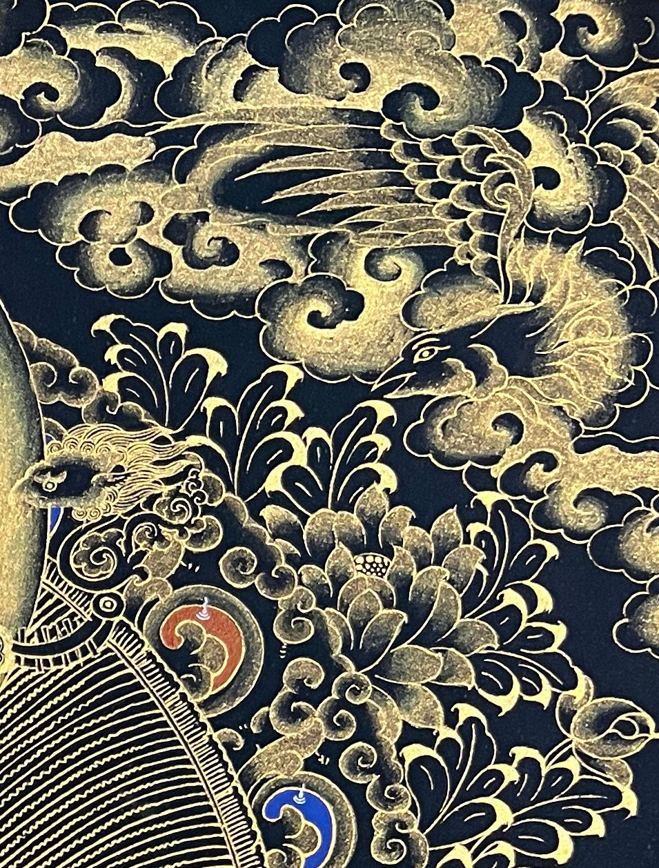 Saraswati thangka, detail: top-right corner