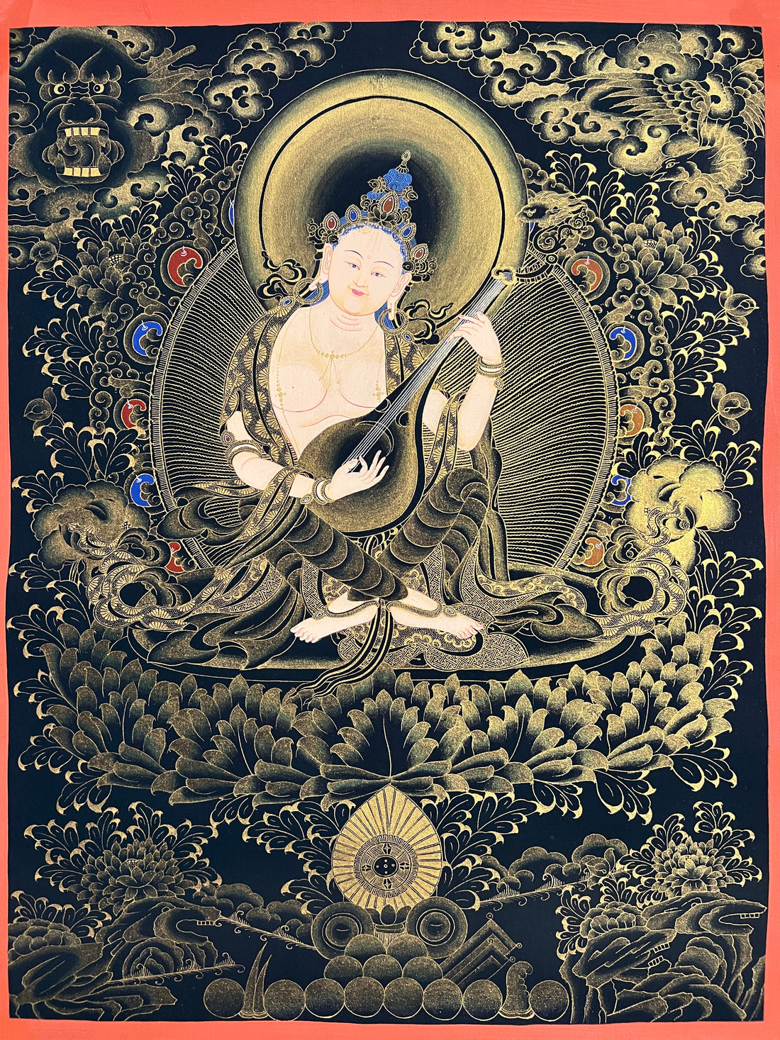 Saraswati thangka, 45×60 cm: Saraswati playing a vina in fine gold-coloured line work on black