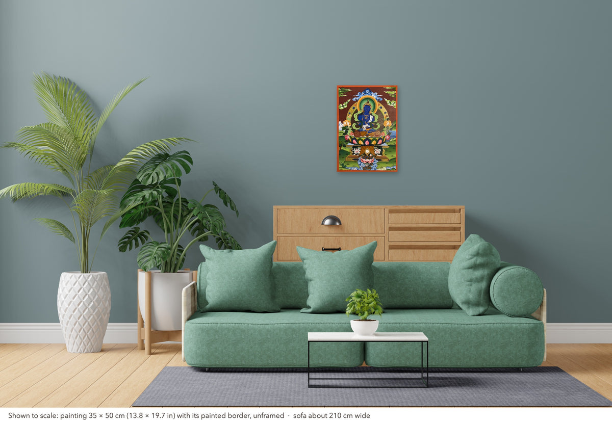 Vajradhara thangka shown to scale in a living room, unframed, above a sofa about 210 cm wide (35×50 cm)