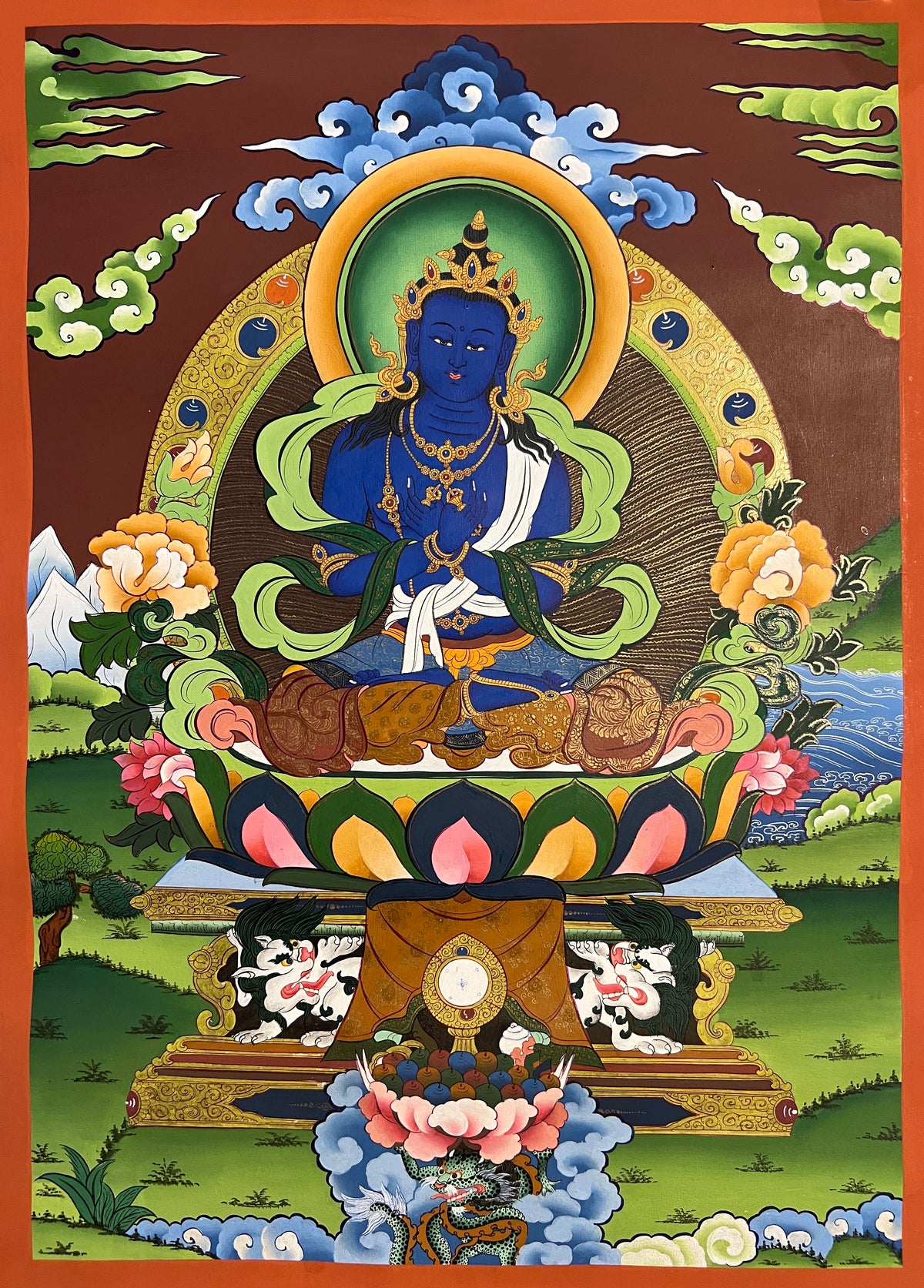 Vajradhara thangka, 35×50 cm: blue Vajradhara on a snow-lion throne among peonies, with a dragon below