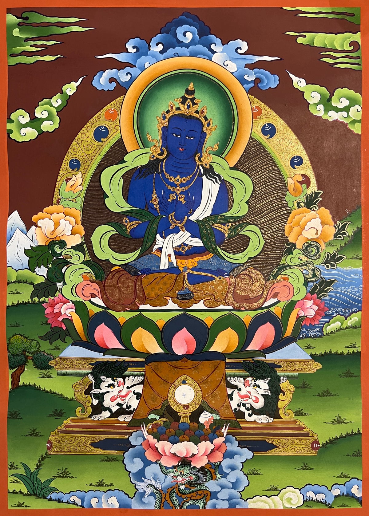 Vajradhara thangka, 35×50 cm: blue Vajradhara on a snow-lion throne among peonies, with a dragon below