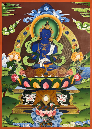 Vajradhara thangka, 35×50 cm: blue Vajradhara on a snow-lion throne among peonies, with a dragon below